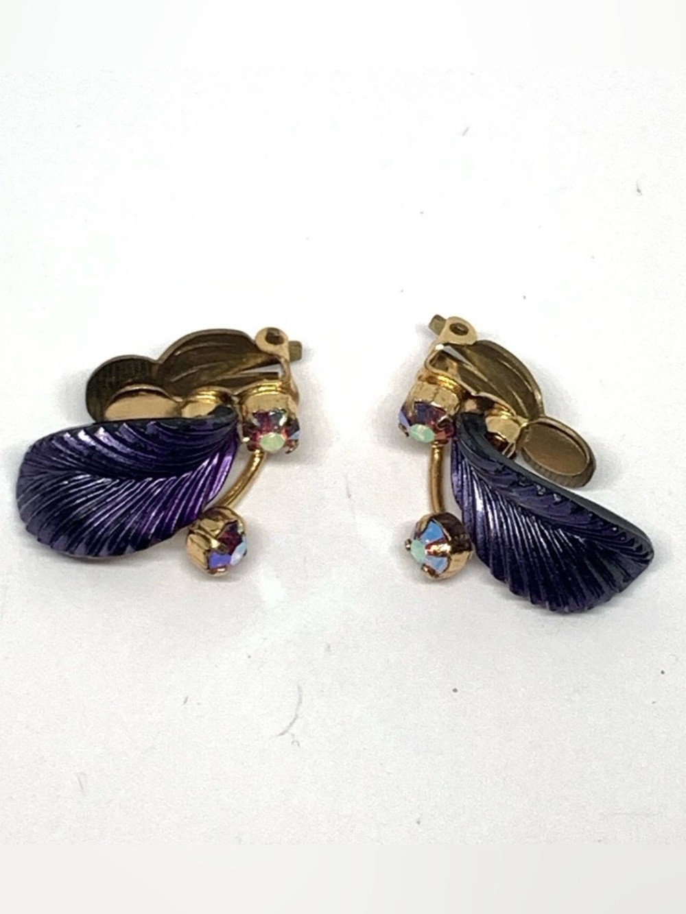 VTG Germany Purple Leaf , Pink AB Clip On Earrings Signed